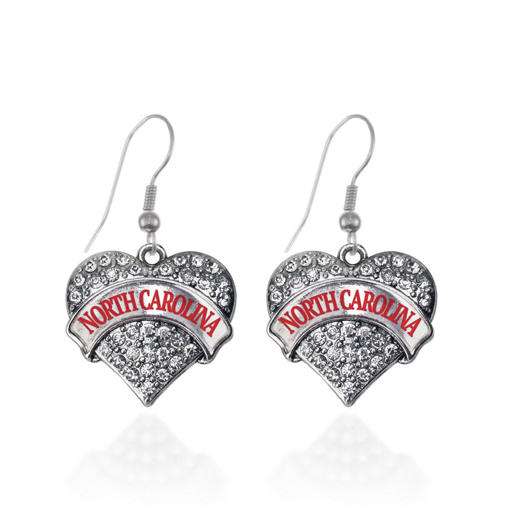 Silver North Carolina Pave Heart Charm Dangle Earrings