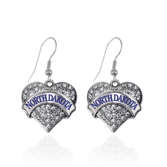 Silver North Dakota Pave Heart Charm Dangle Earrings
