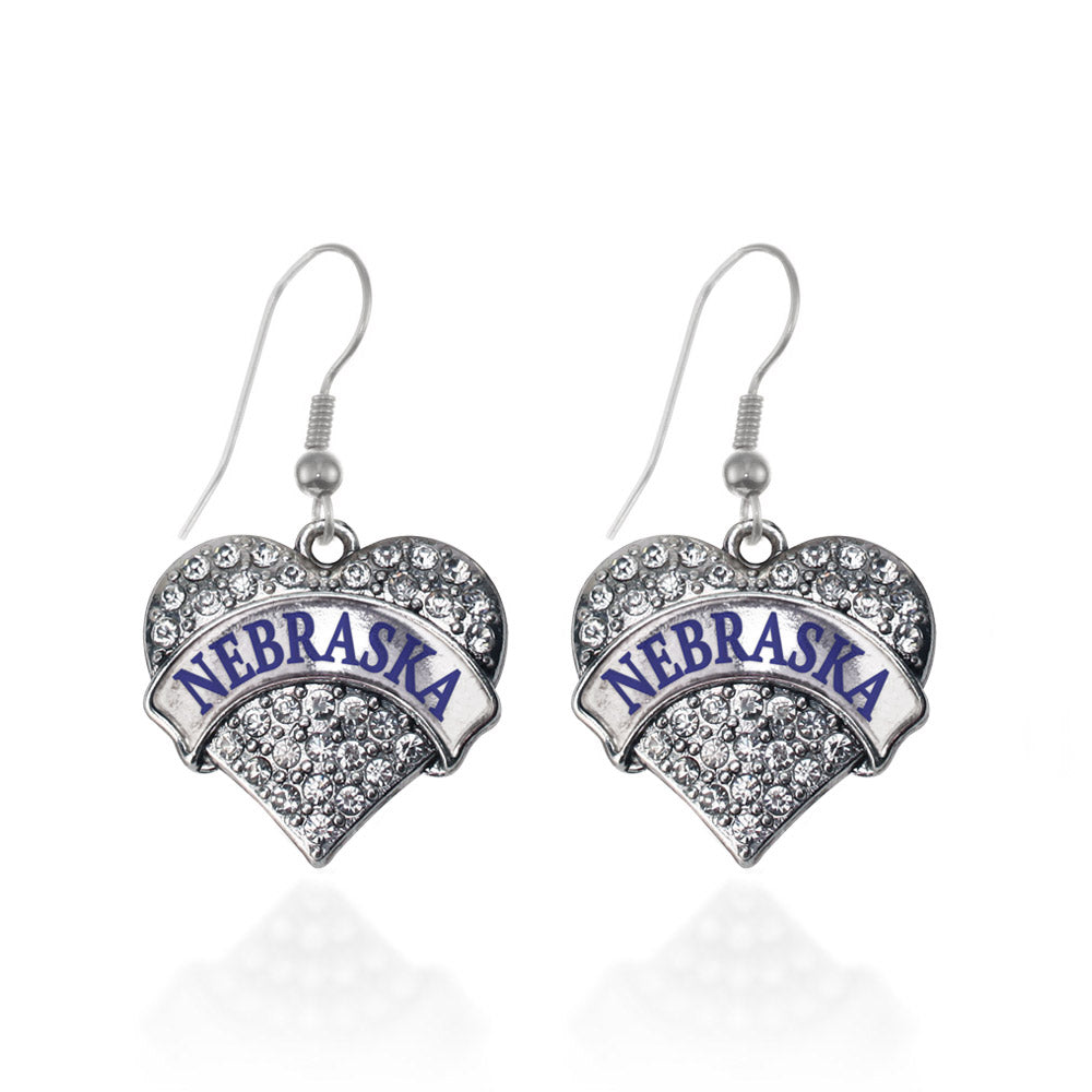 Silver Nebraska Pave Heart Charm Dangle Earrings