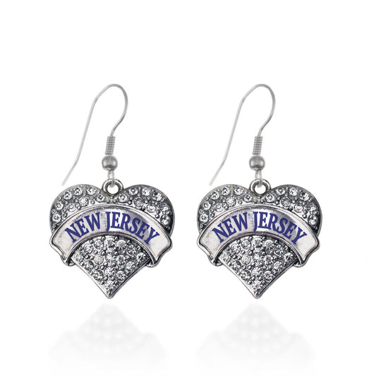 Silver New Jersey Pave Heart Charm Dangle Earrings