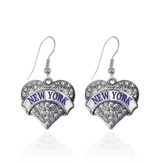 Silver New York Pave Heart Charm Dangle Earrings