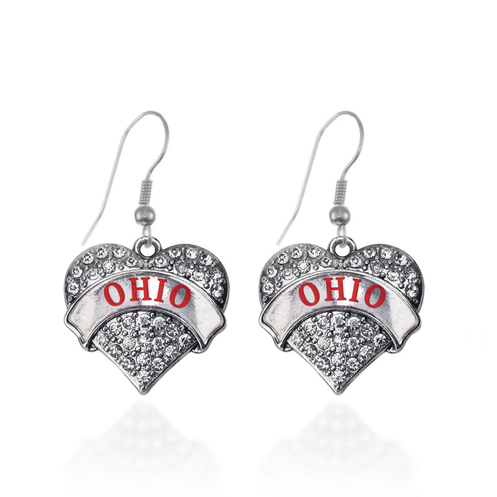 Silver Ohio Pave Heart Charm Dangle Earrings