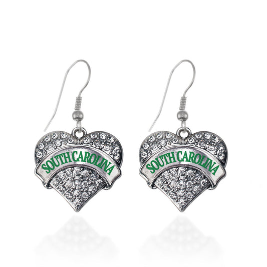 Silver South Carolina Pave Heart Charm Dangle Earrings