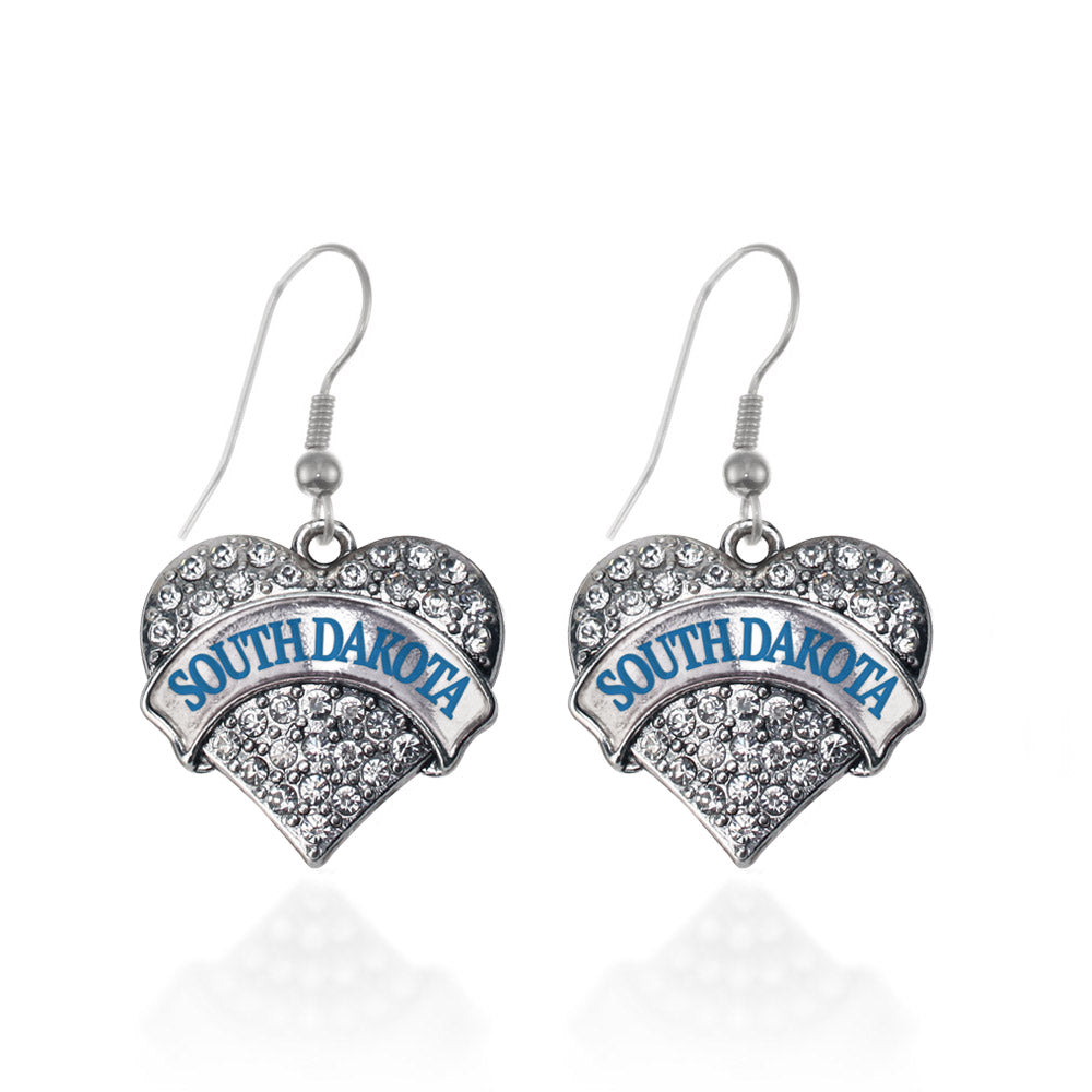 Silver South Dakota Pave Heart Charm Dangle Earrings
