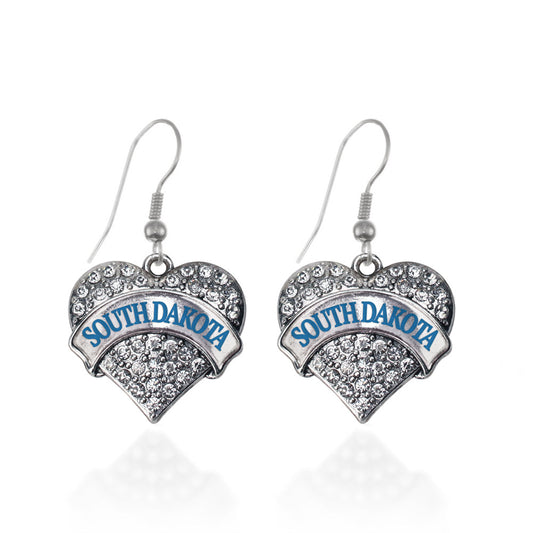 Silver South Dakota Pave Heart Charm Dangle Earrings