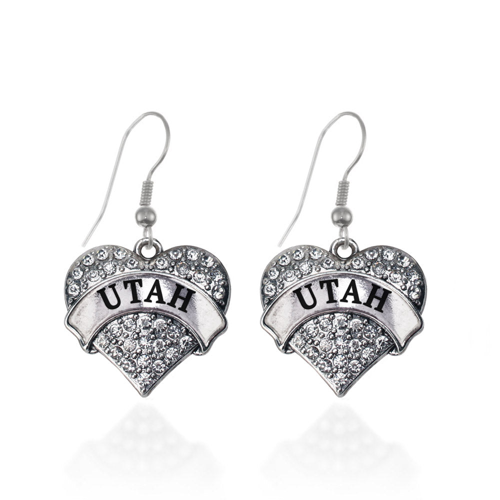 Silver Utah Pave Heart Charm Dangle Earrings