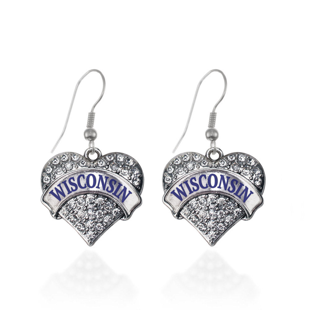 Silver Wisconsin Pave Heart Charm Dangle Earrings