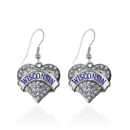 Silver Wisconsin Pave Heart Charm Dangle Earrings