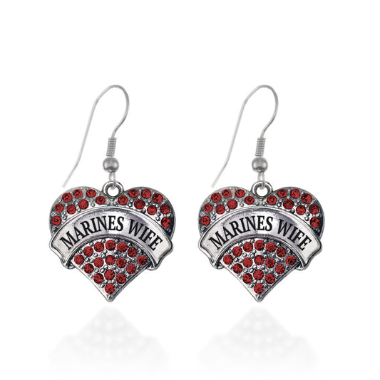 Silver Marines Wife Red Pave Heart Charm Dangle Earrings