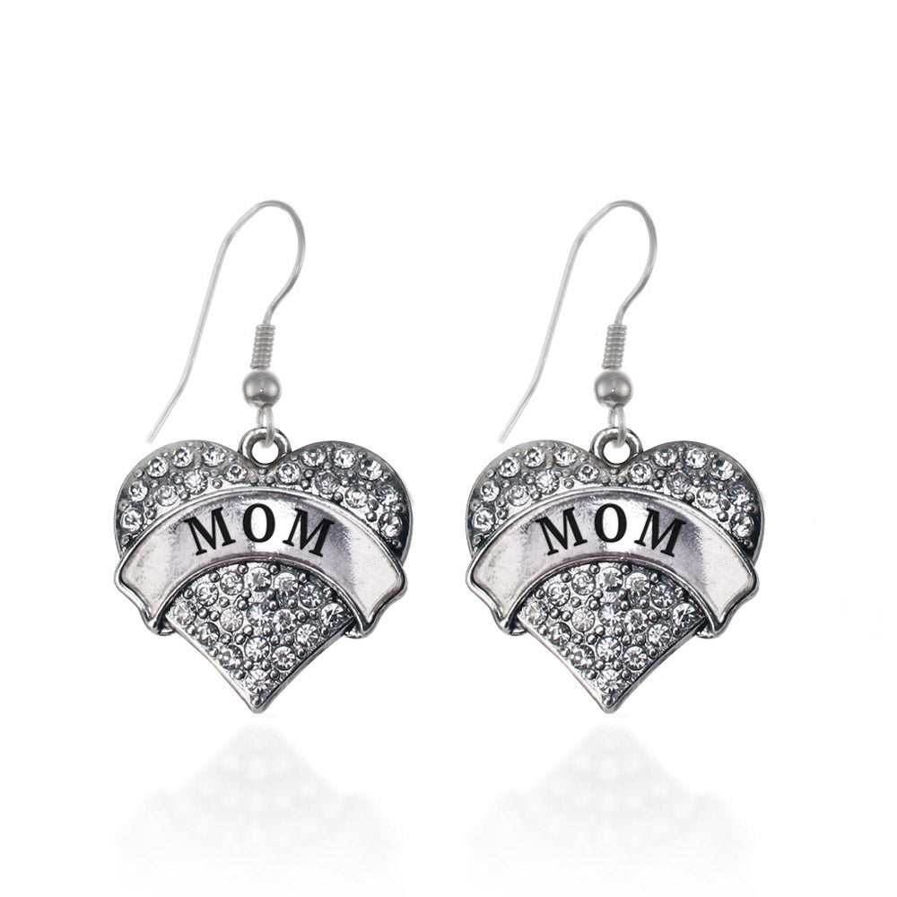 Silver Mom Pave Heart Charm Dangle Earrings