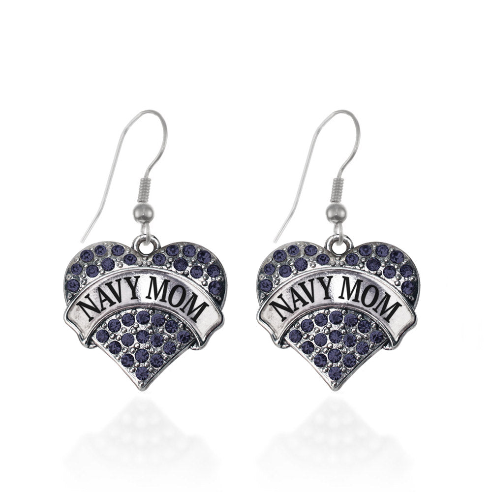 Silver Navy Mom Blue Pave Heart Charm Dangle Earrings