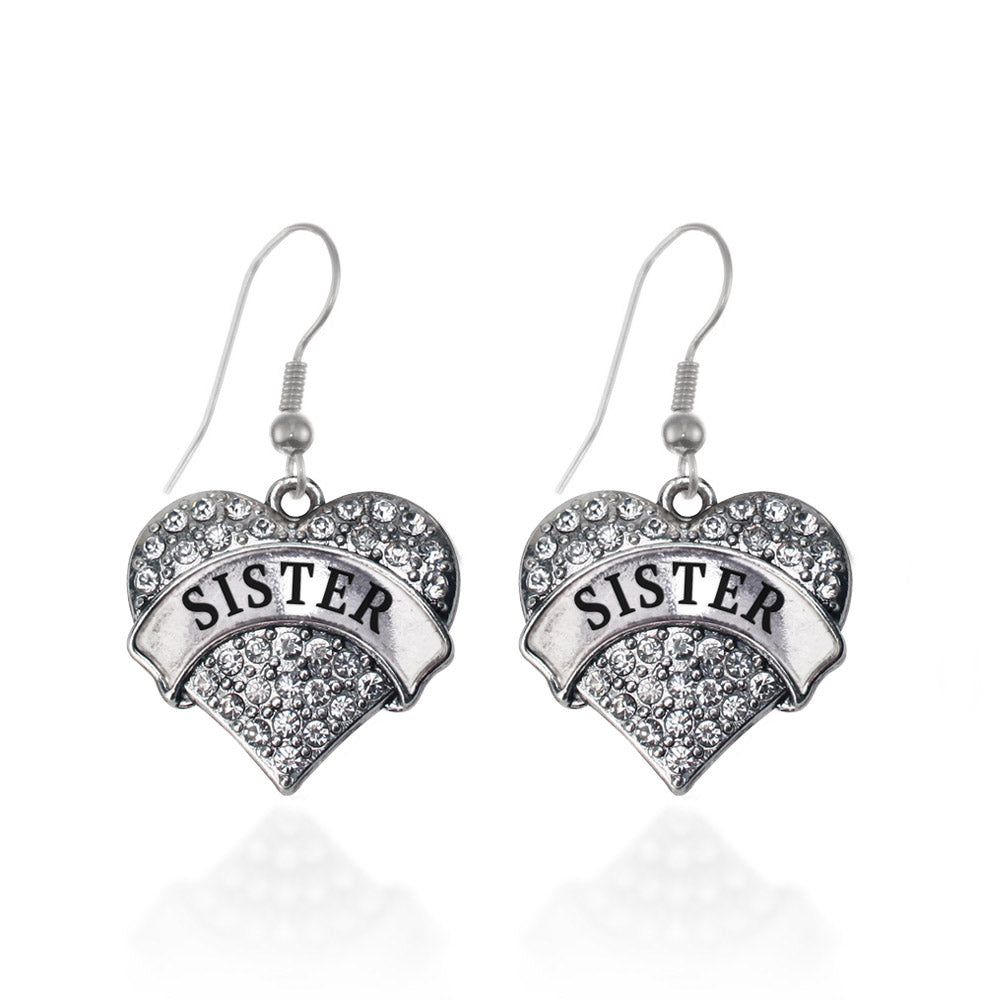 Silver Sister Pave Heart Charm Dangle Earrings