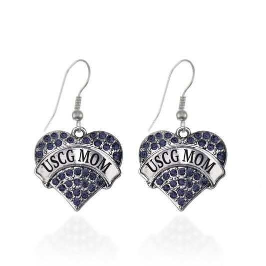Silver USCG Mom Blue Pave Heart Charm Dangle Earrings