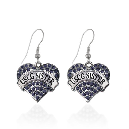 Silver USCG Sister Blue Pave Heart Charm Dangle Earrings