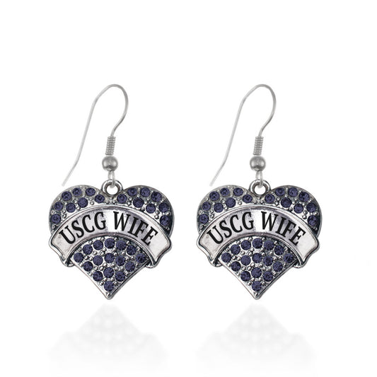 Silver USCG Wife Blue Pave Heart Charm Dangle Earrings