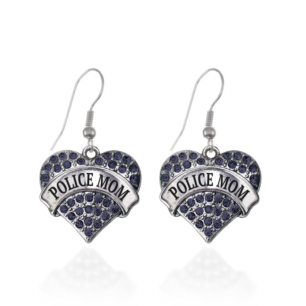 Silver Police Mom Blue Pave Heart Charm Dangle Earrings