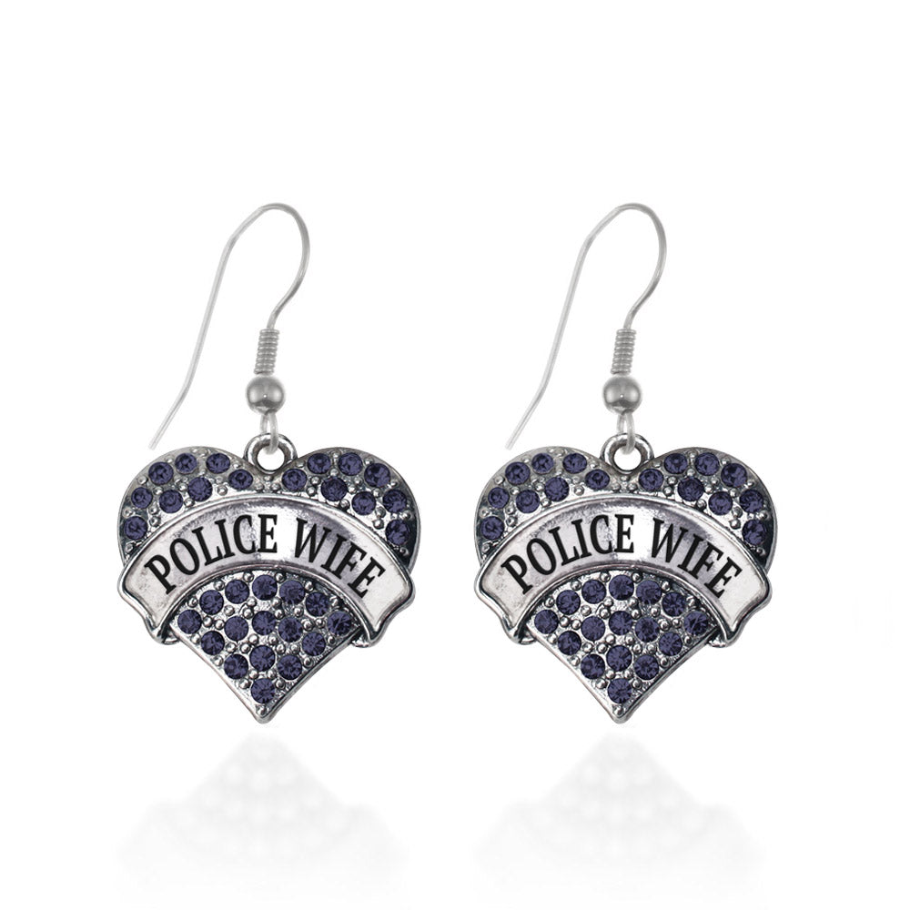 Silver Police Wife Blue Pave Heart Charm Dangle Earrings
