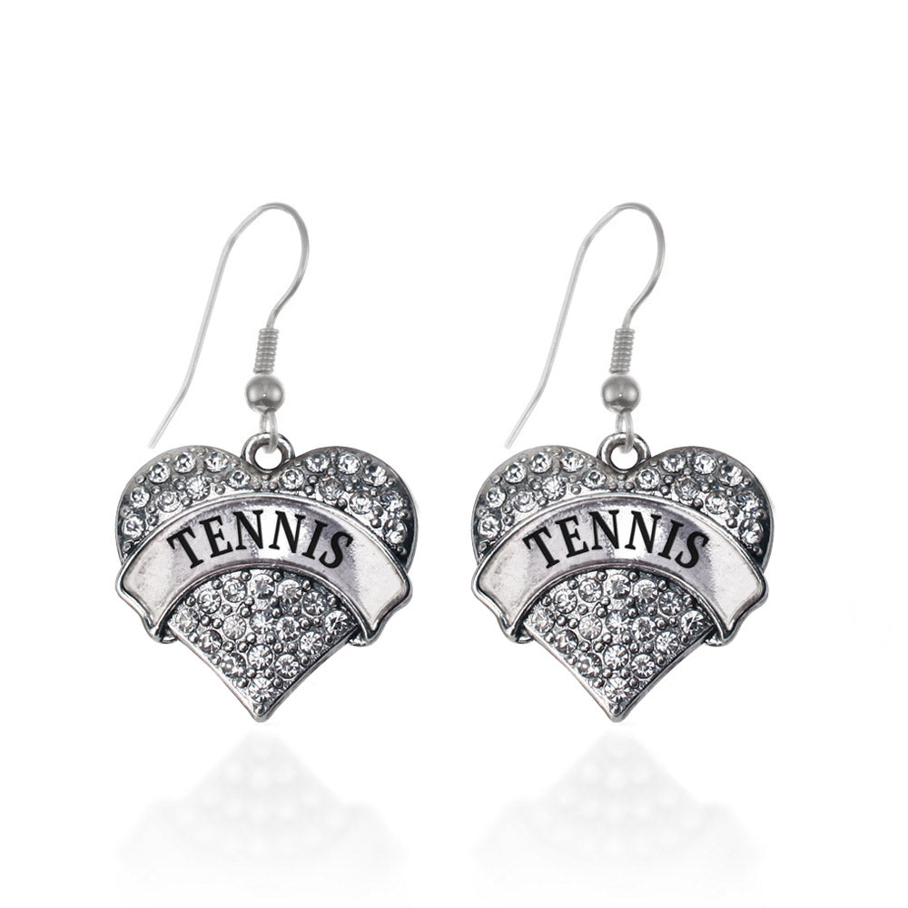Silver Tennis Pave Heart Charm Dangle Earrings