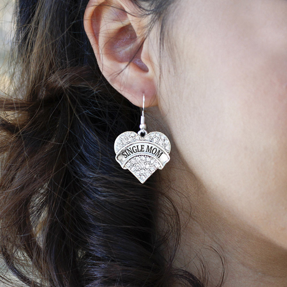 Silver Single Mom Pave Heart Charm Dangle Earrings