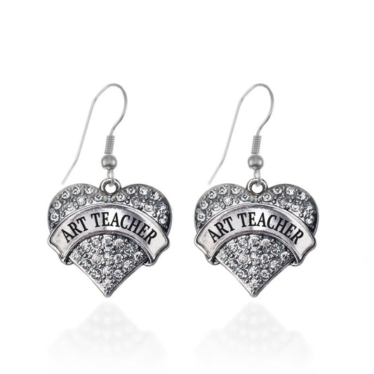 Silver Art Teacher Pave Heart Charm Dangle Earrings