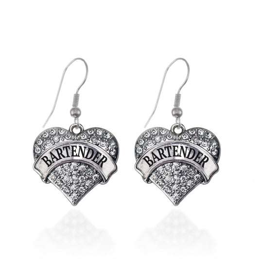 Silver Bartender Pave Heart Charm Dangle Earrings