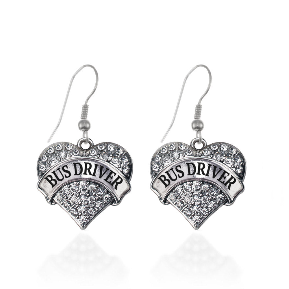 Silver Bus Driver Pave Heart Charm Dangle Earrings