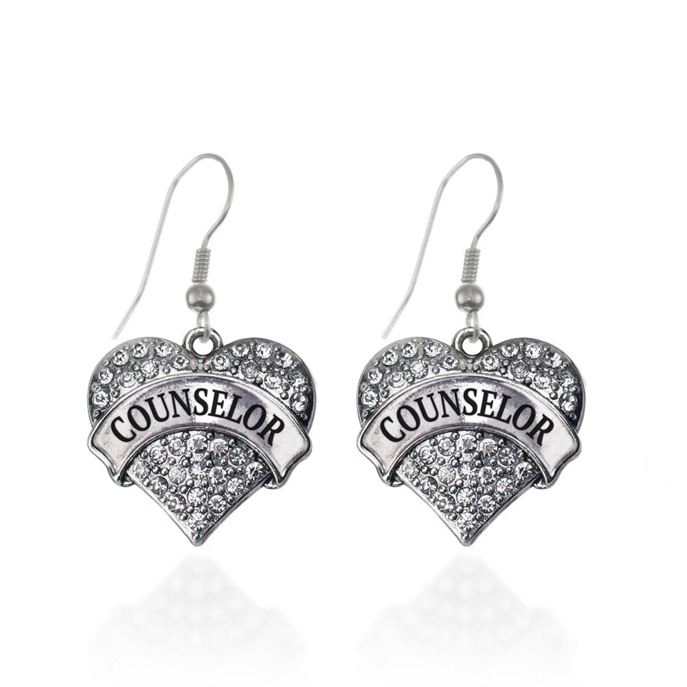 Silver Counselor Pave Heart Charm Dangle Earrings