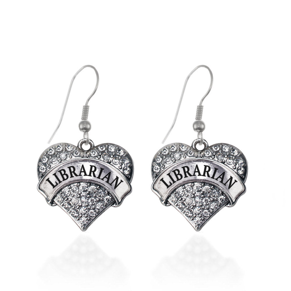 Silver Librarian Pave Heart Charm Dangle Earrings