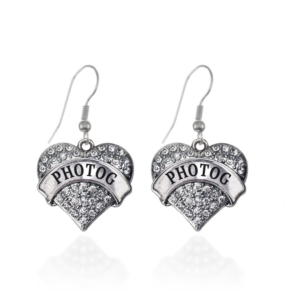 Silver Photog Pave Heart Charm Dangle Earrings
