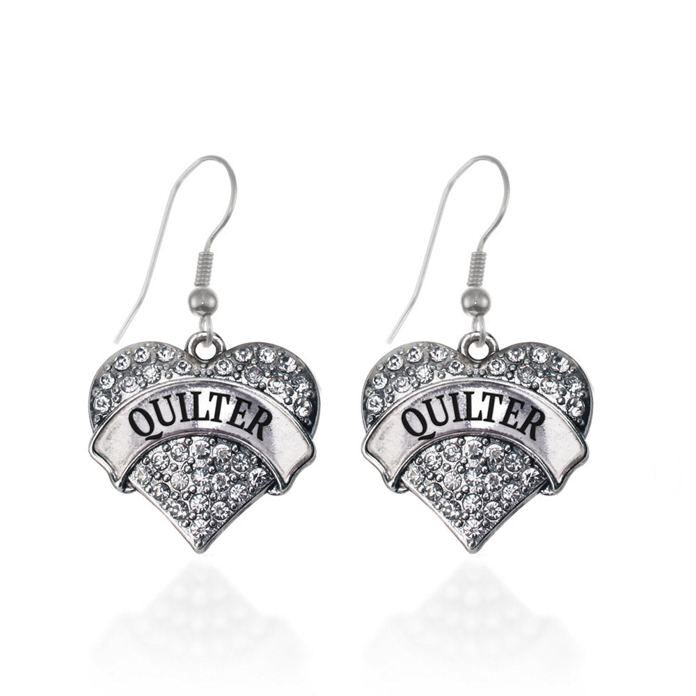 Silver Quilter Pave Heart Charm Dangle Earrings