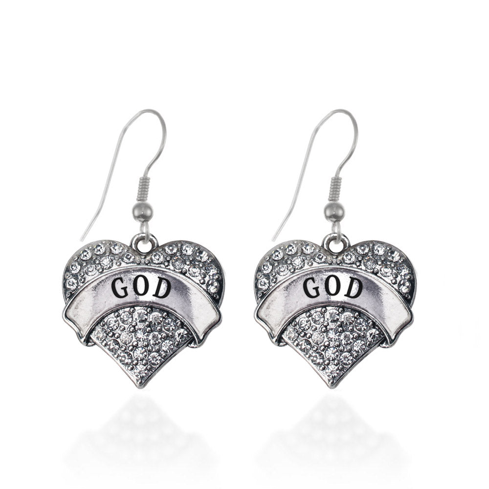 Silver God Pave Heart Charm Dangle Earrings