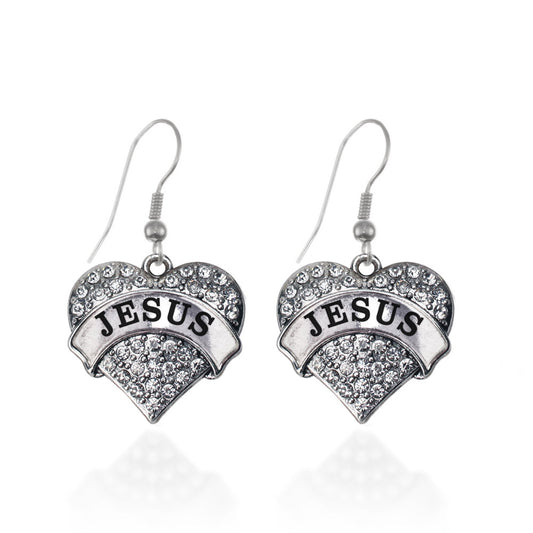 Silver Jesus Pave Heart Charm Dangle Earrings
