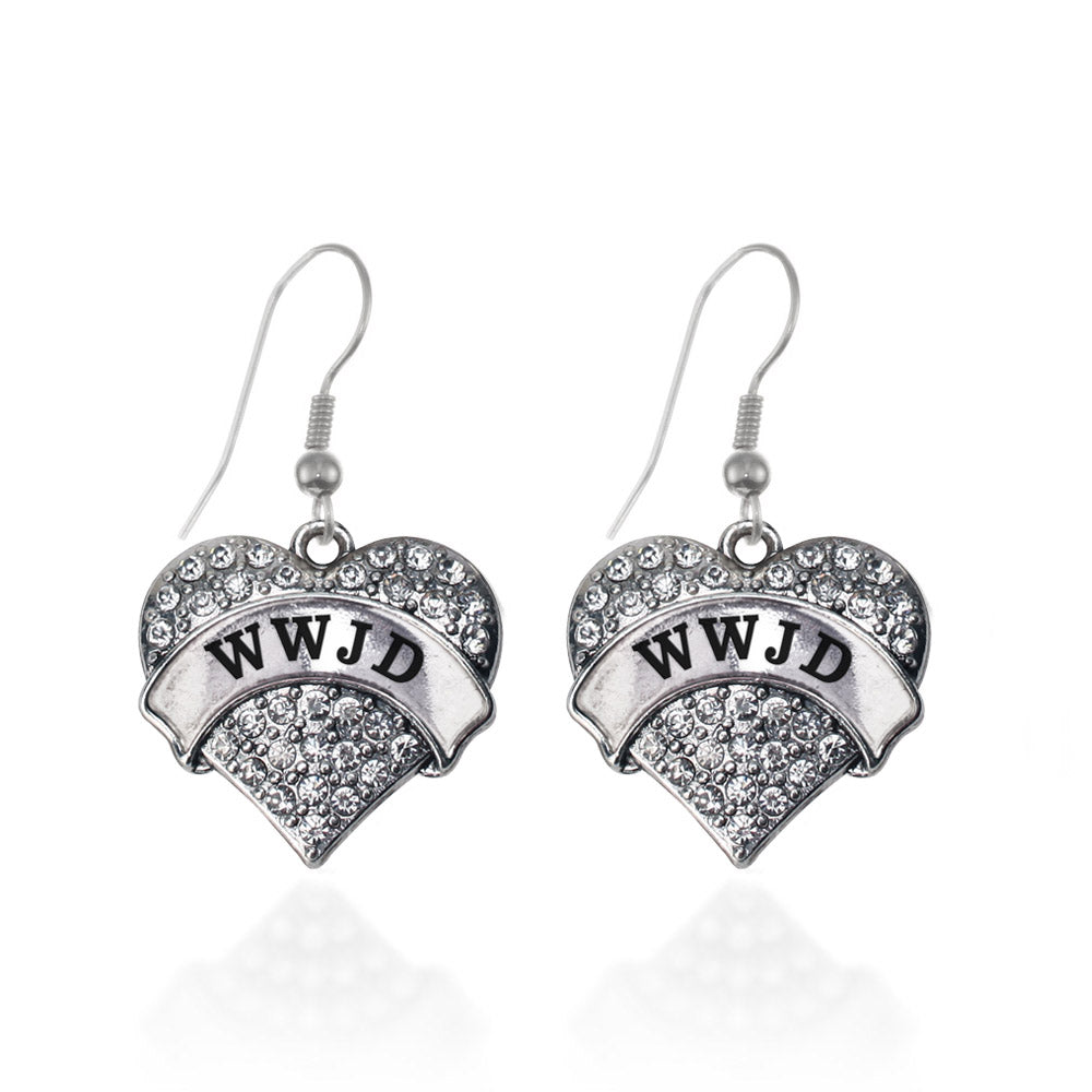 Silver WWJD Pave Heart Charm Dangle Earrings