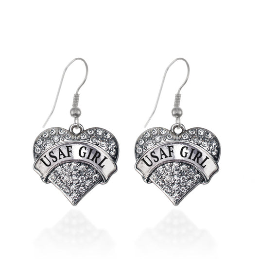Silver USAF Girl Pave Heart Charm Dangle Earrings