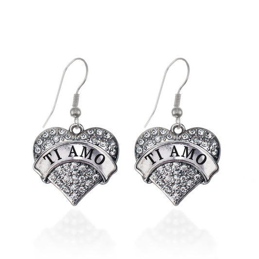 Silver Ti Amo Pave Heart Charm Dangle Earrings