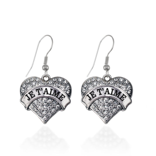 Silver Je T'aime Pave Heart Charm Dangle Earrings