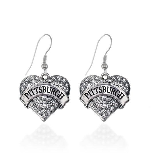 Silver Pittsburgh Pave Heart Charm Dangle Earrings