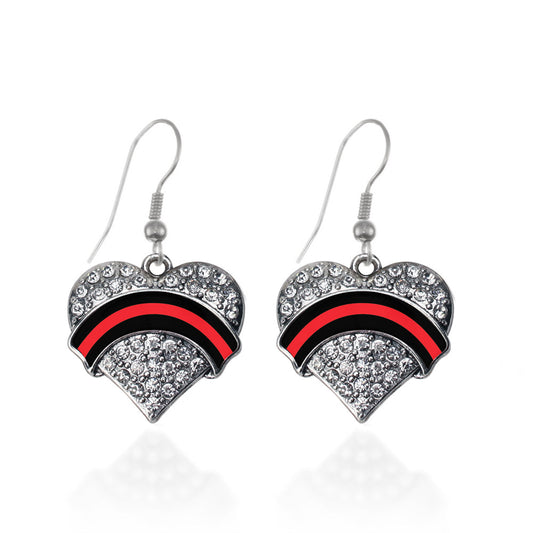 Silver Fire Department Support Pave Heart Charm Dangle Earrings