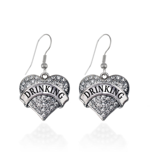 Silver Drinking Pave Heart Charm Dangle Earrings