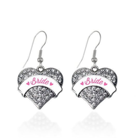Silver Rose Bride Pave Heart Charm Dangle Earrings