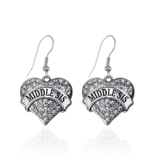 Silver Middle Sis Pave Heart Charm Dangle Earrings