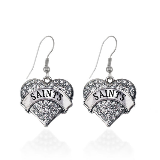 Silver Saints Pave Heart Charm Dangle Earrings