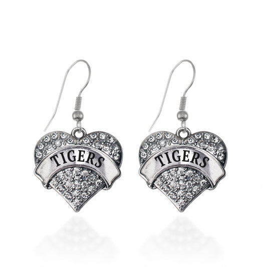 Silver Tigers Pave Heart Charm Dangle Earrings