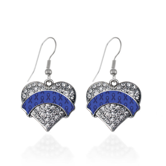 Silver Blue Ribbon Support Pave Heart Charm Dangle Earrings