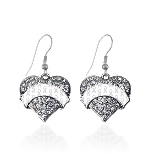 Silver White Ribbon Support Pave Heart Charm Dangle Earrings