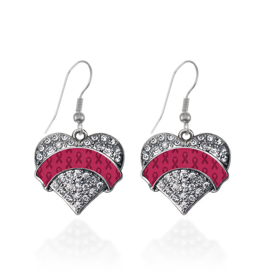 Silver Burgundy Ribbon Support Pave Heart Charm Dangle Earrings
