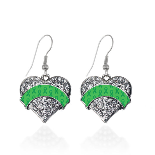 Silver Green Ribbon Support Pave Heart Charm Dangle Earrings
