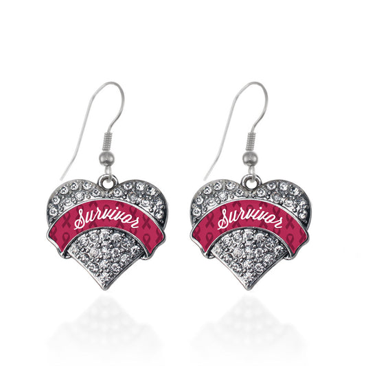 Silver Burgundy Survivor Pave Heart Charm Dangle Earrings