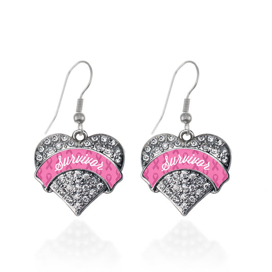 Silver Pink Survivor Pave Heart Charm Dangle Earrings