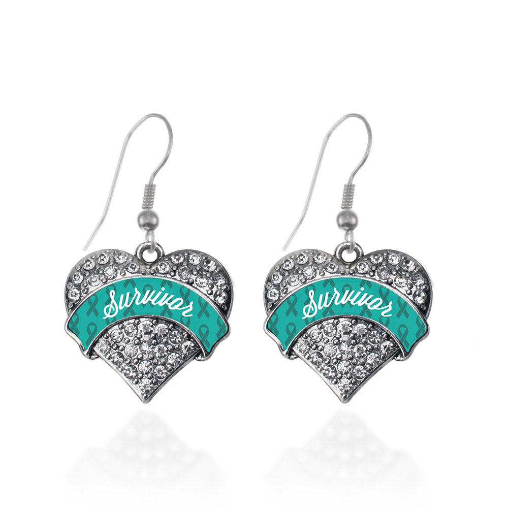 Silver Teal Survivor Pave Heart Charm Dangle Earrings